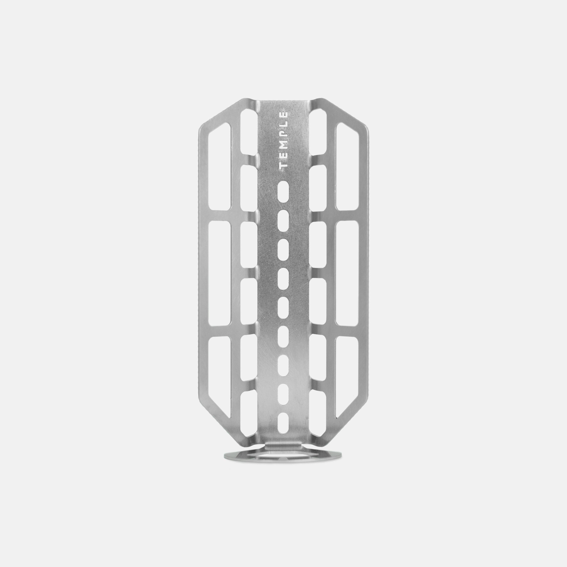 Stainless steel cargo cage with multiple strap slots and mounting holes designed for fork or frame attachment.