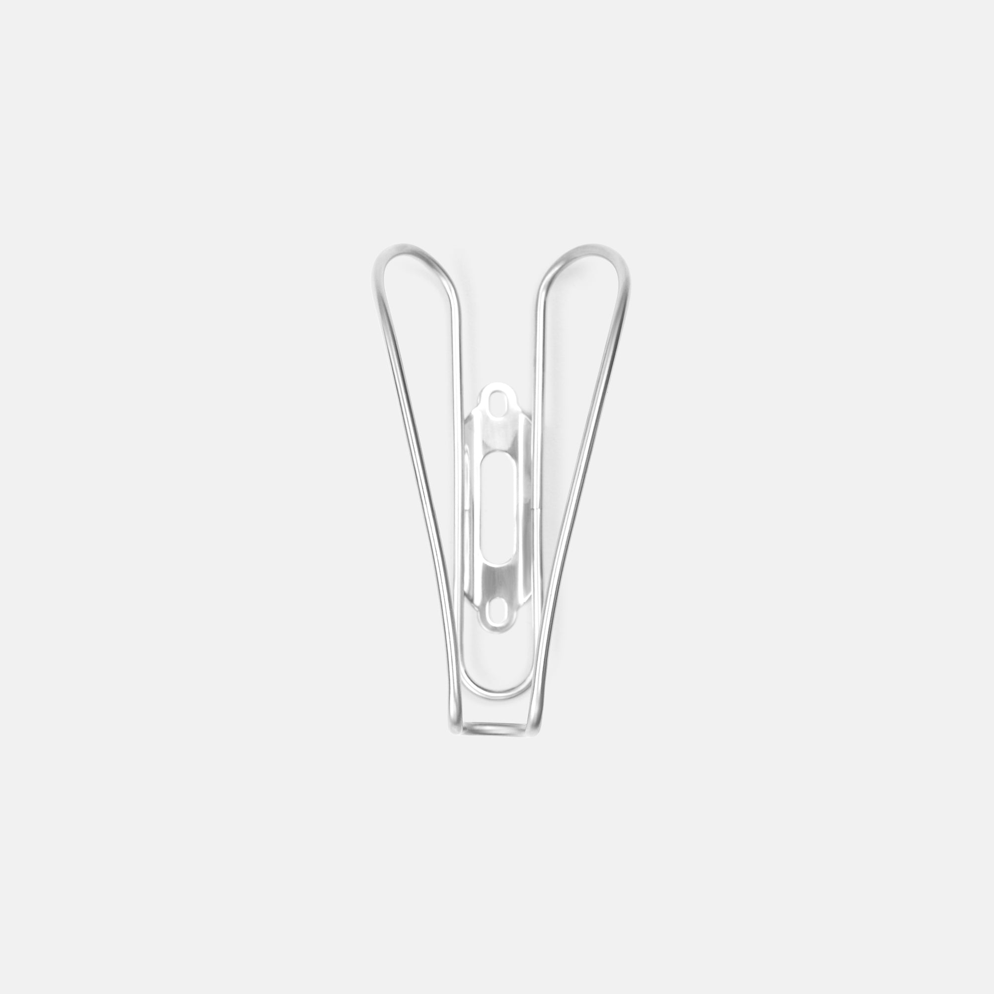 Top-down view of stainless steel bicycle bottle cage with classic double-loop design, minimalist, lightweight, and built to securely hold standard water bottles.