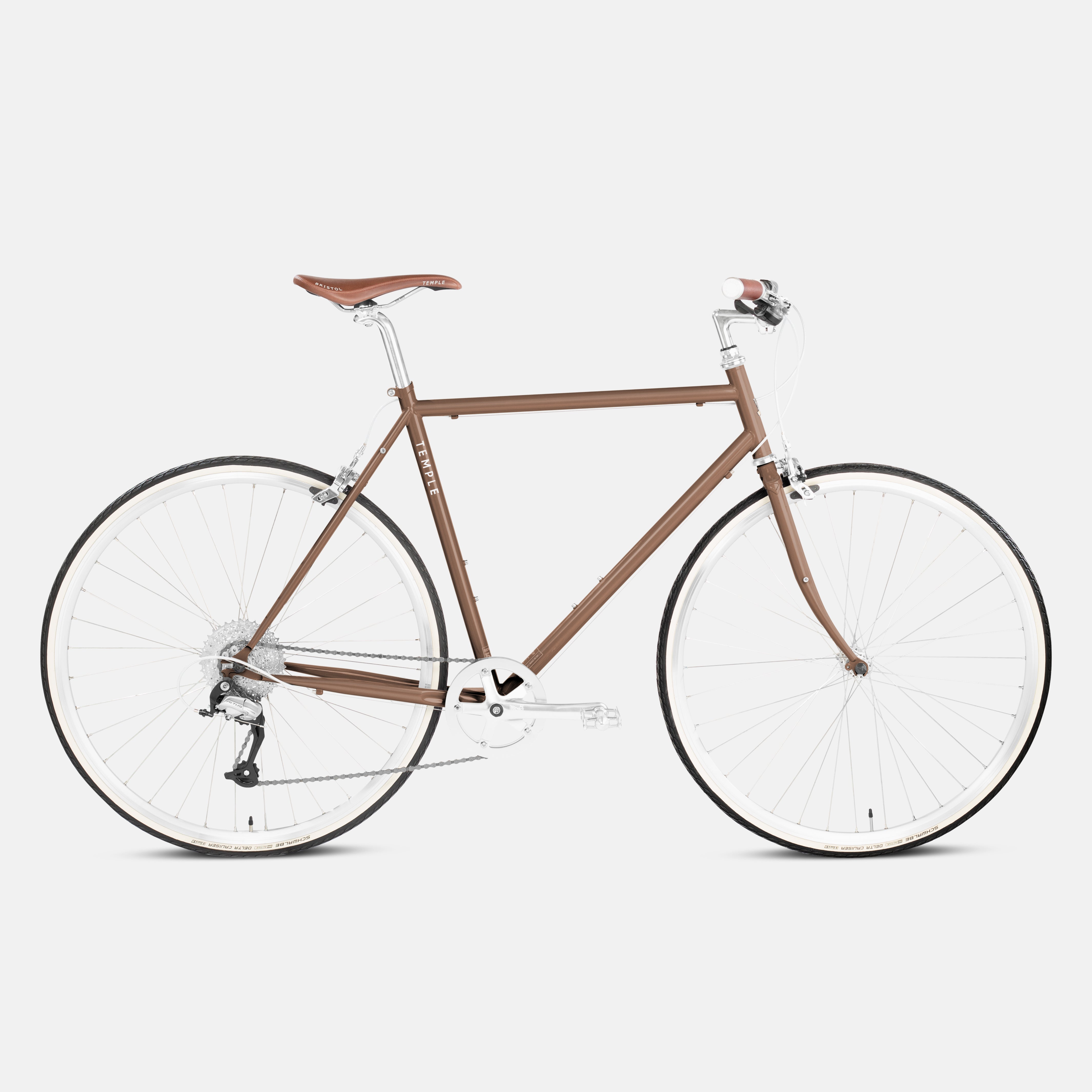 Temple Cycles steel framed Classic Lightweight Bike in Woodland Brown shot in a studio setting.