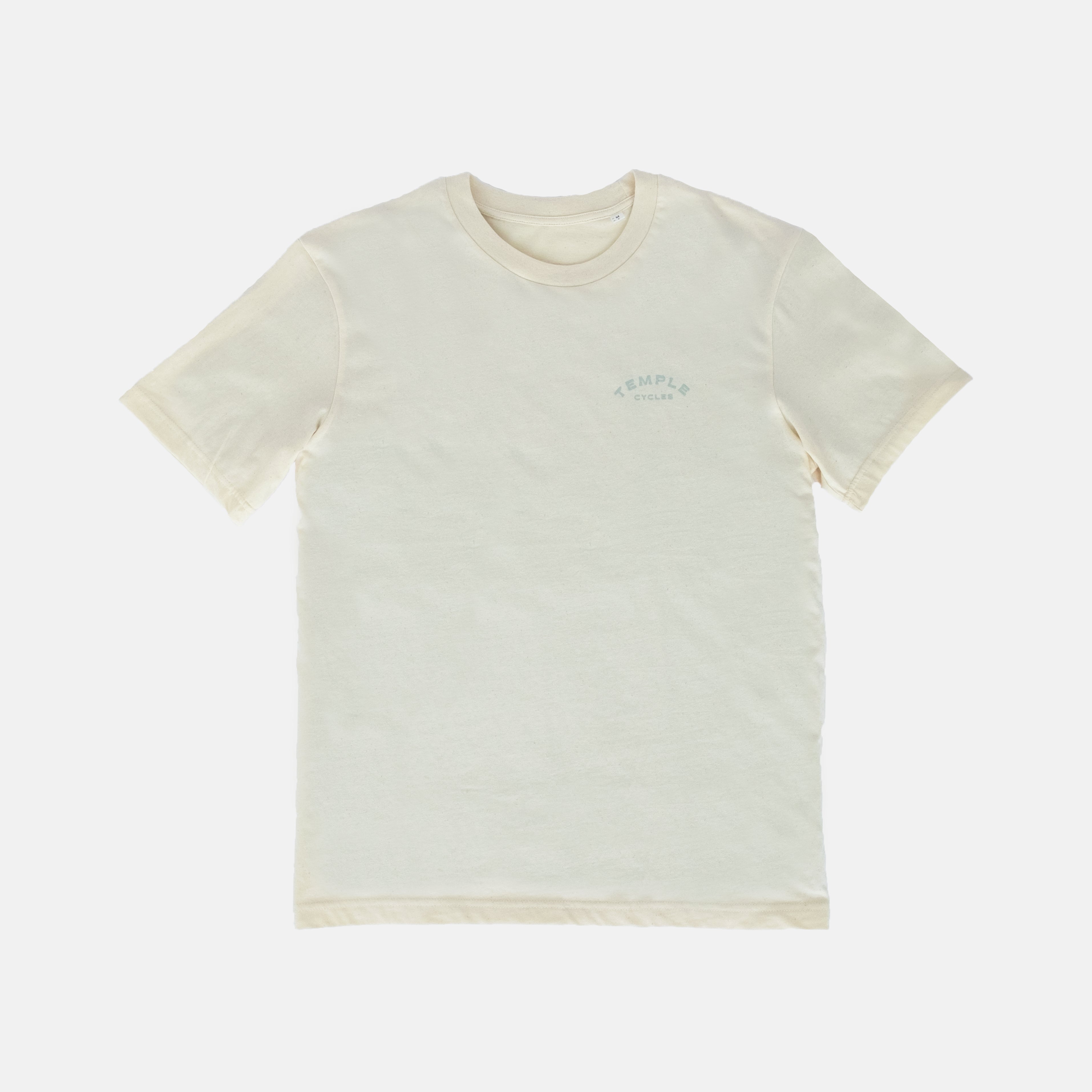 Front view of Temple Cycles organic cotton, super soft graphic tee, of-white colour, studio setting.