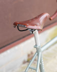 Brooks 17 leather saddle on green lightweight adventure bike.