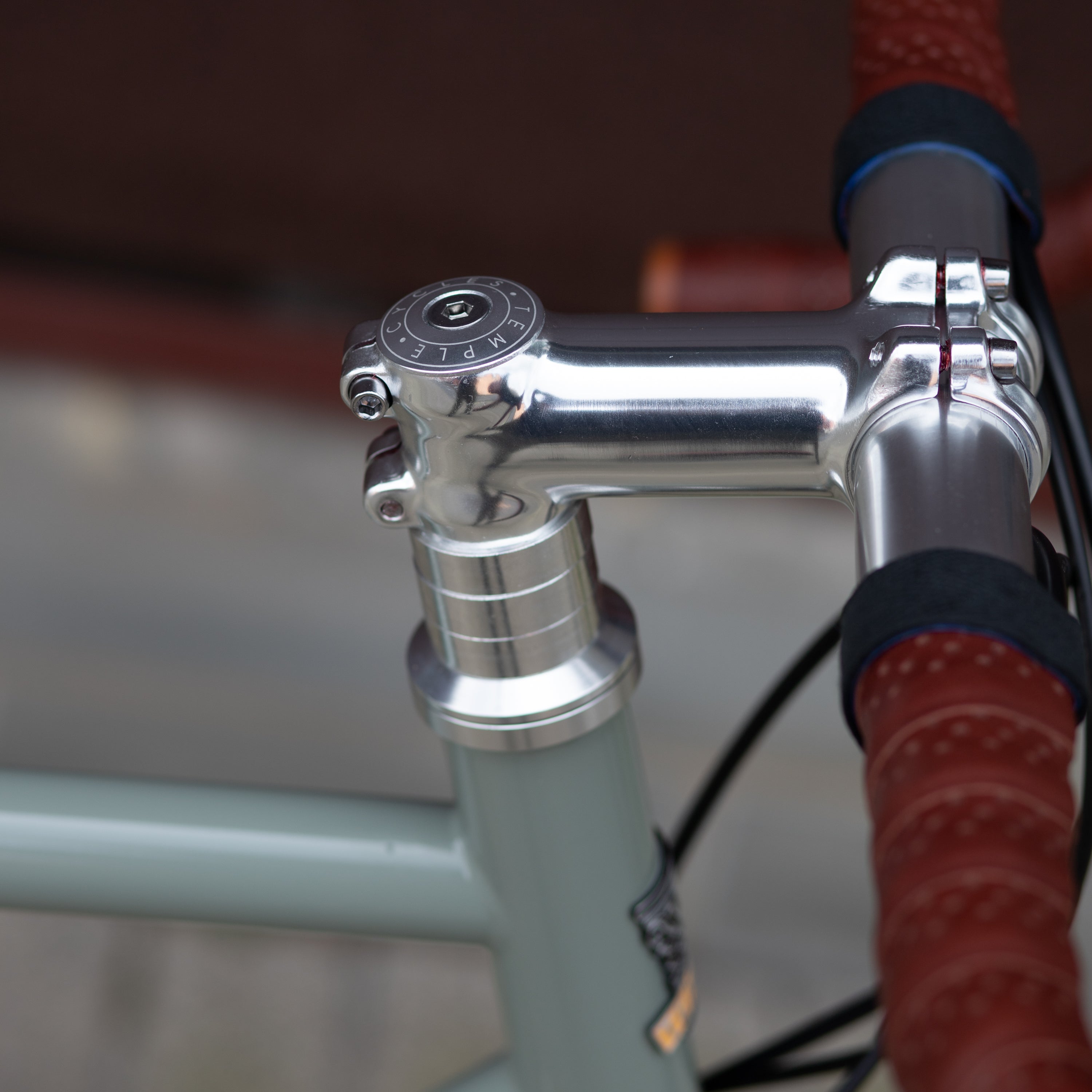 laser - engraved Temple Cycles head tube on a steel framed touring bike in lichen green.
