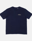 Perfect fit, super comfy navy graphic T Shirt, studio setting.