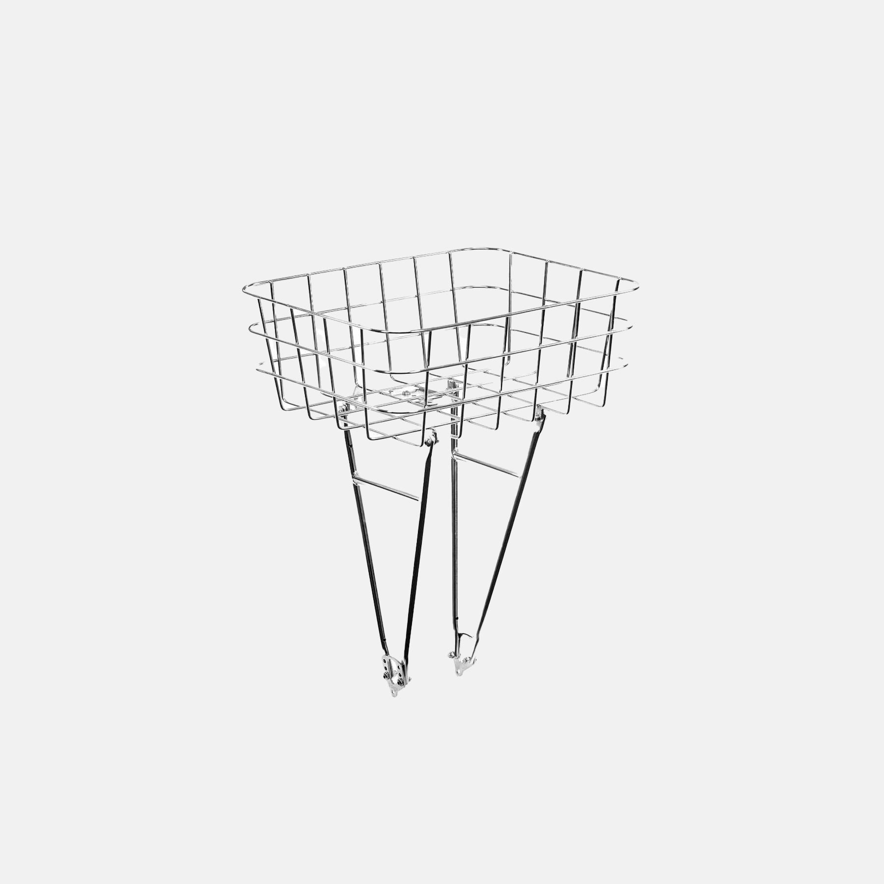 Stainless steel Pelago front bike basket with support struts photographed in a studio setting.