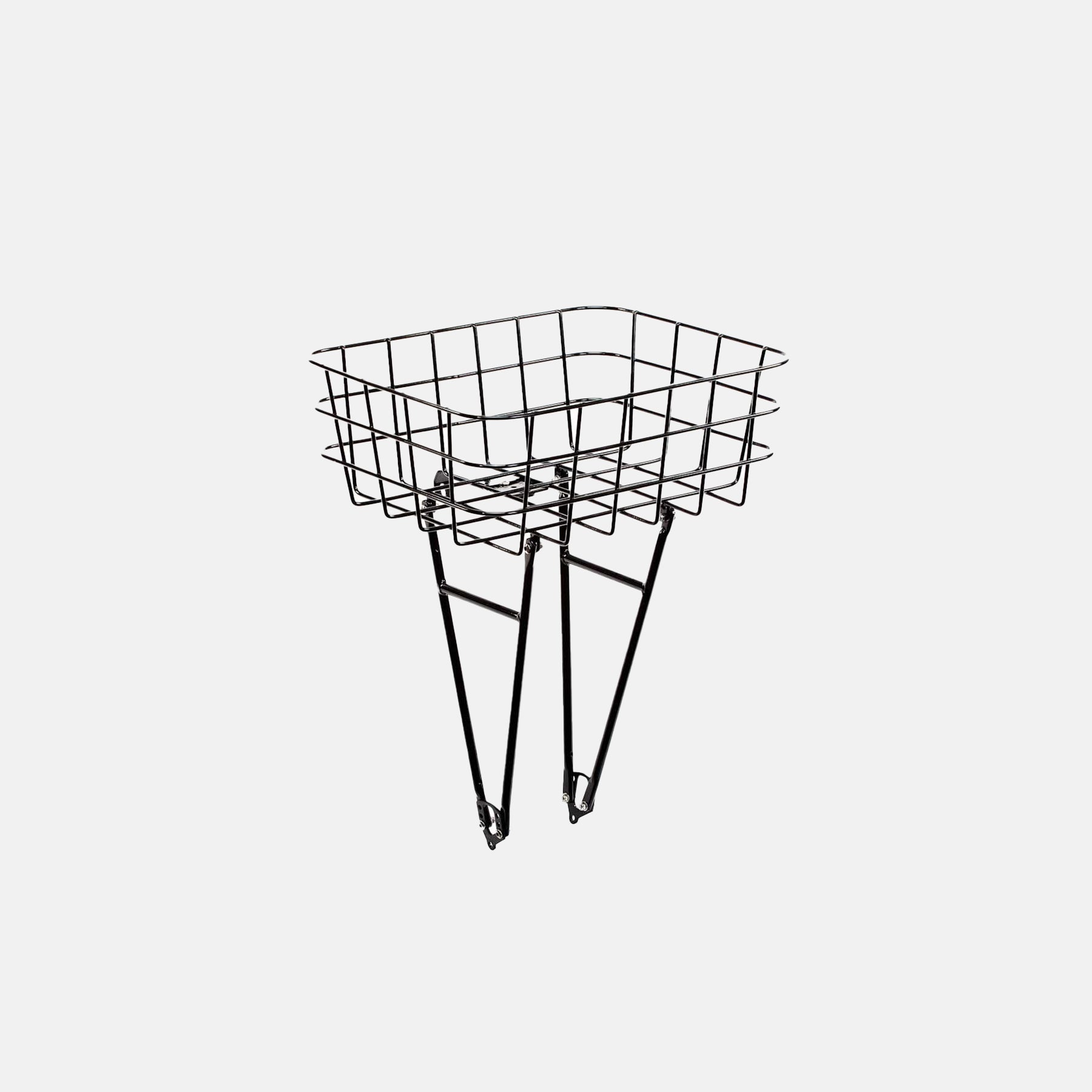 Stainless steel Pelago front bike basket in black with support struts photographed in a studio setting.