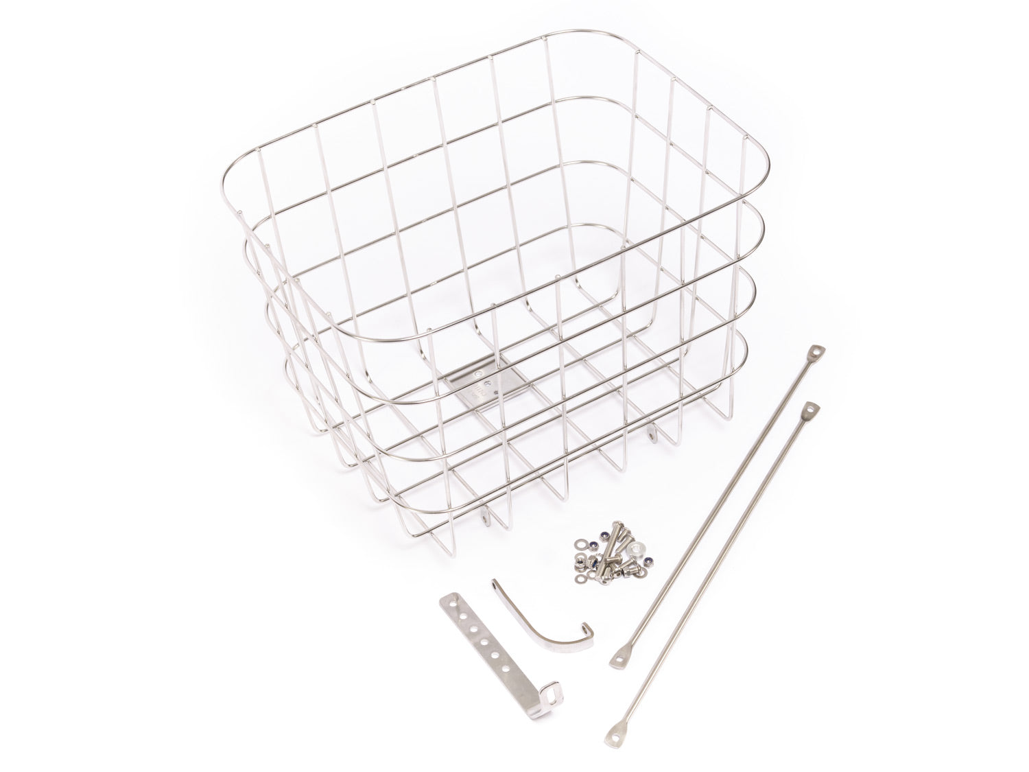 Pelago stainless steel bike basket with complete mounting hardware kit, includes struts, clamps, bolts, and fittings for secure front rack installation on most commuter and city bikes.
