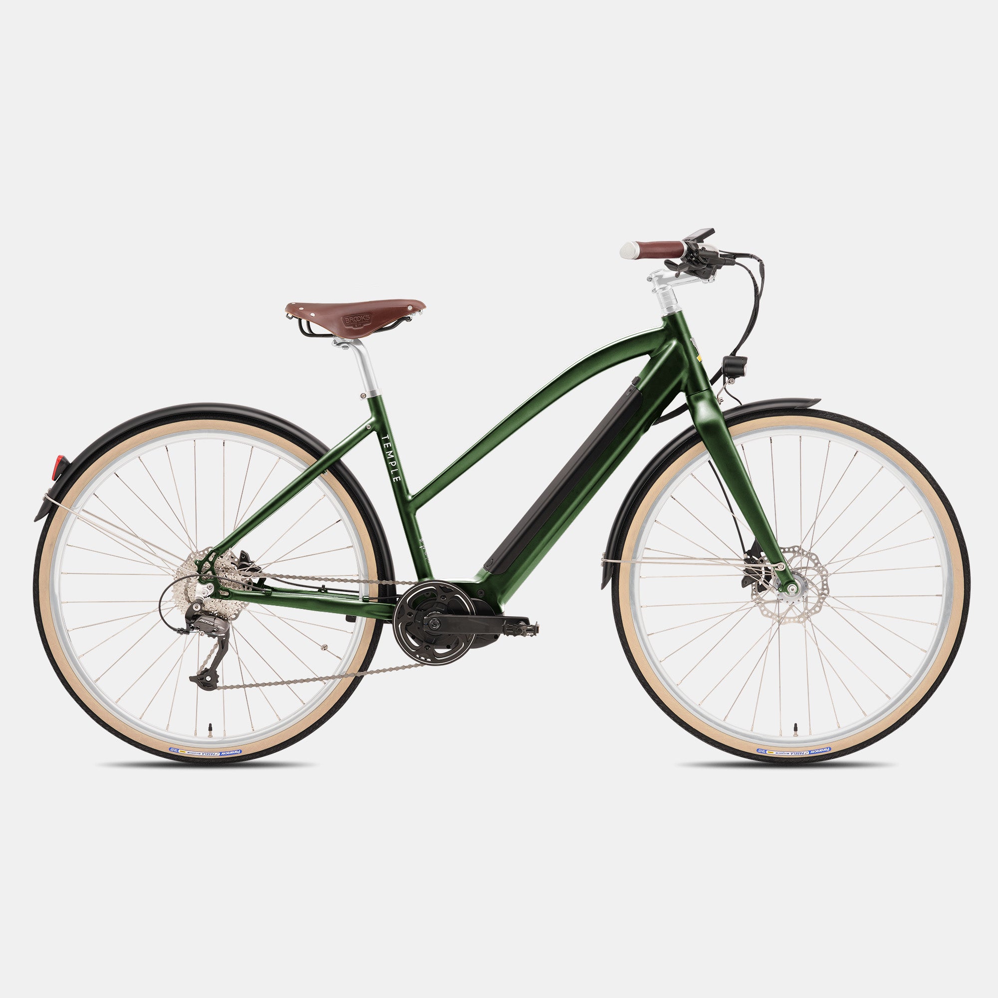 Green Step Through Electric bike, studio setting.