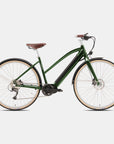 Green Step Through Electric bike, studio setting.
