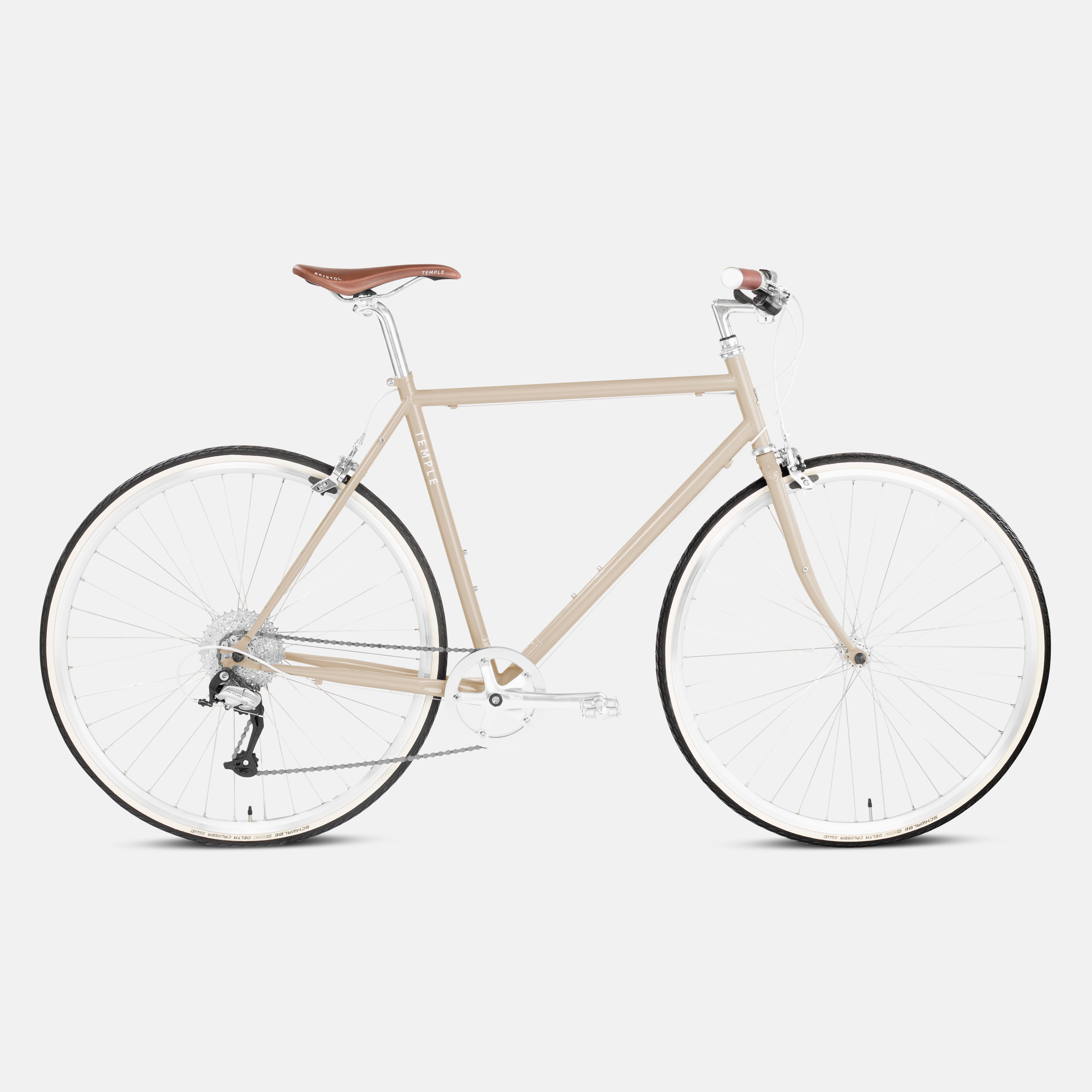 Classic lightweight hybrid bike in beige, studio setting.