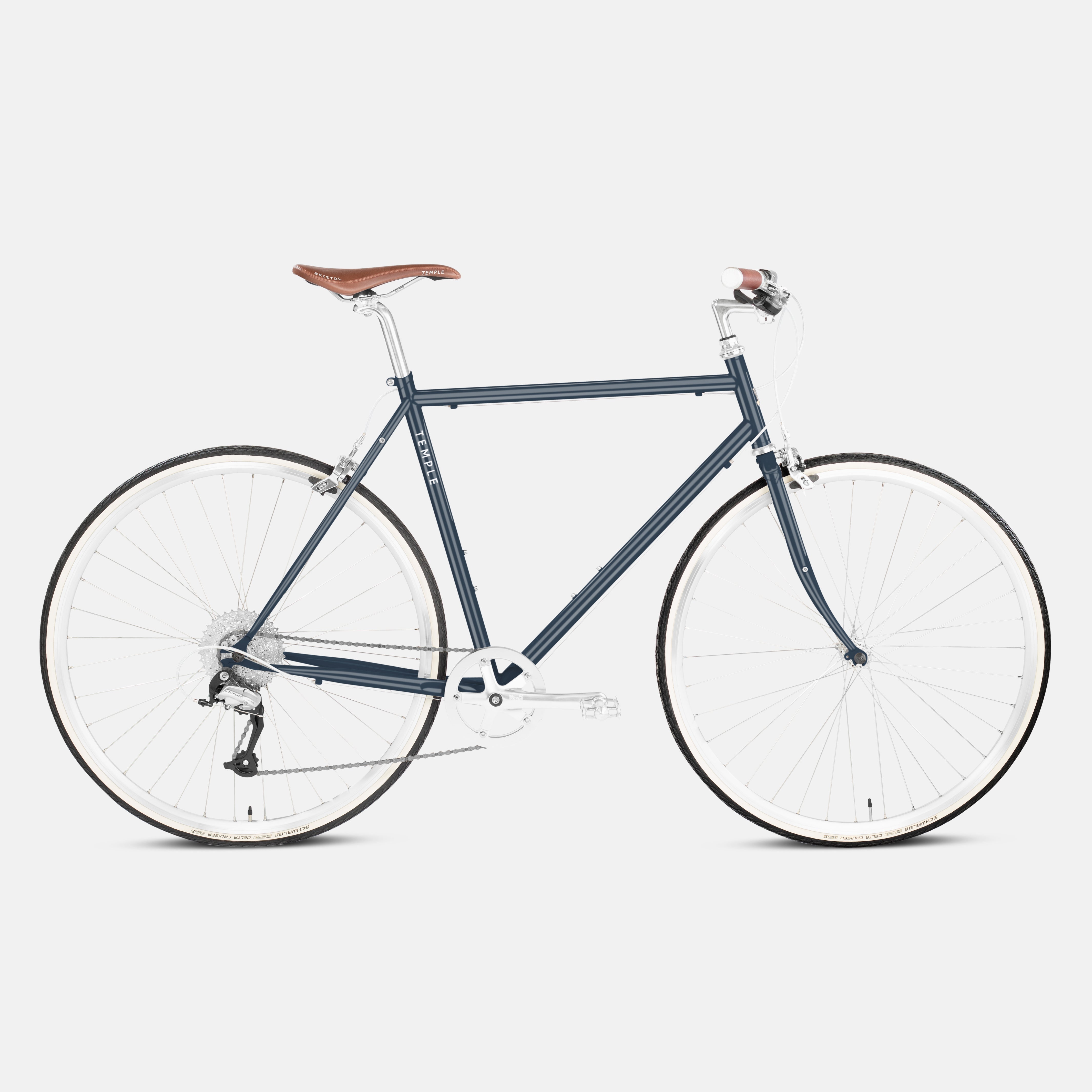 Blue daily commuting bike with a steel frame, studio setting.