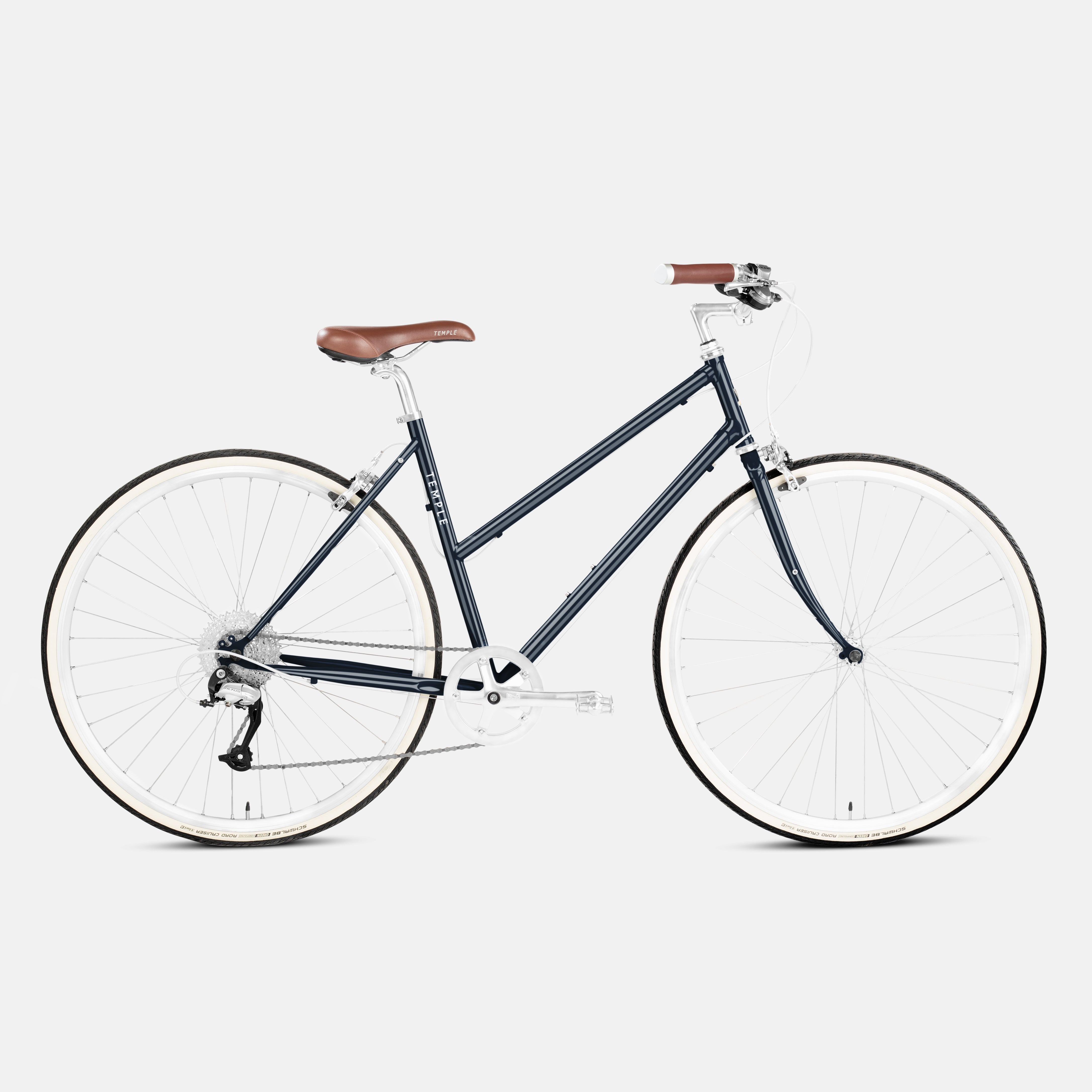 Blue Step Through Lightweight steel bicycle, studio setting.