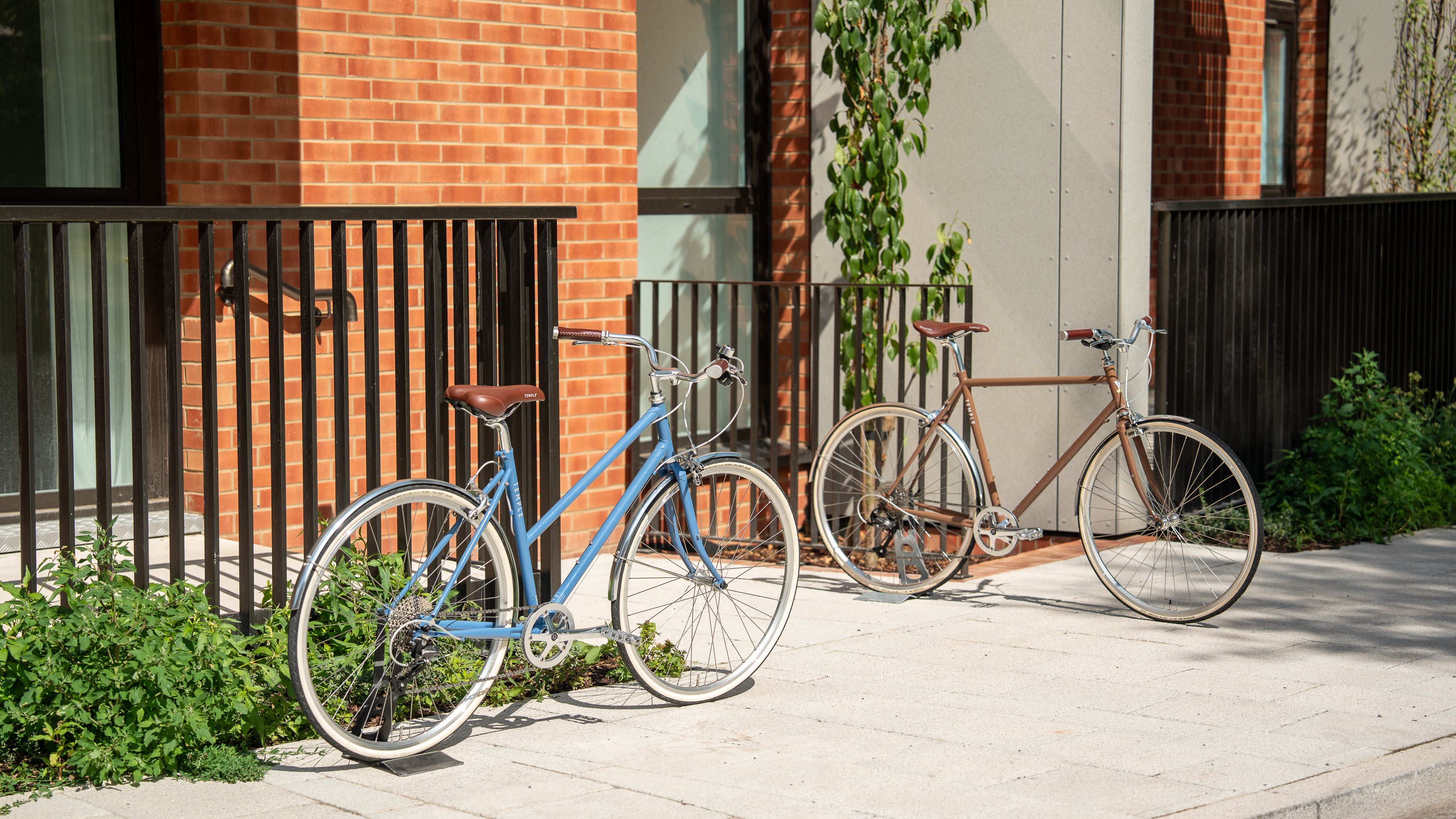 Sky Blue Step Through Lightweight and Woodland Brown Classic Lightweight shot in an urban setting.