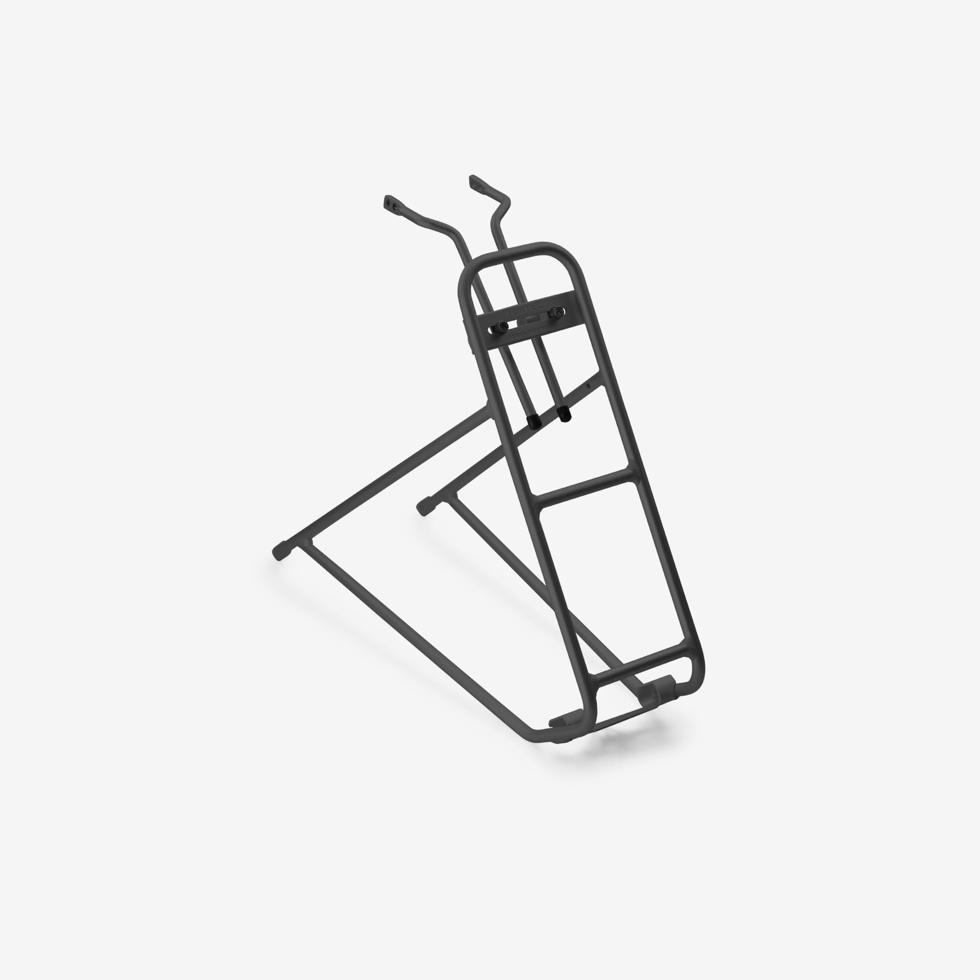 Heavy-duty black steel rear bike rack with integrated pannier supports and wide platform built for touring, bikepacking, or commuting with high load capacity and stability.
