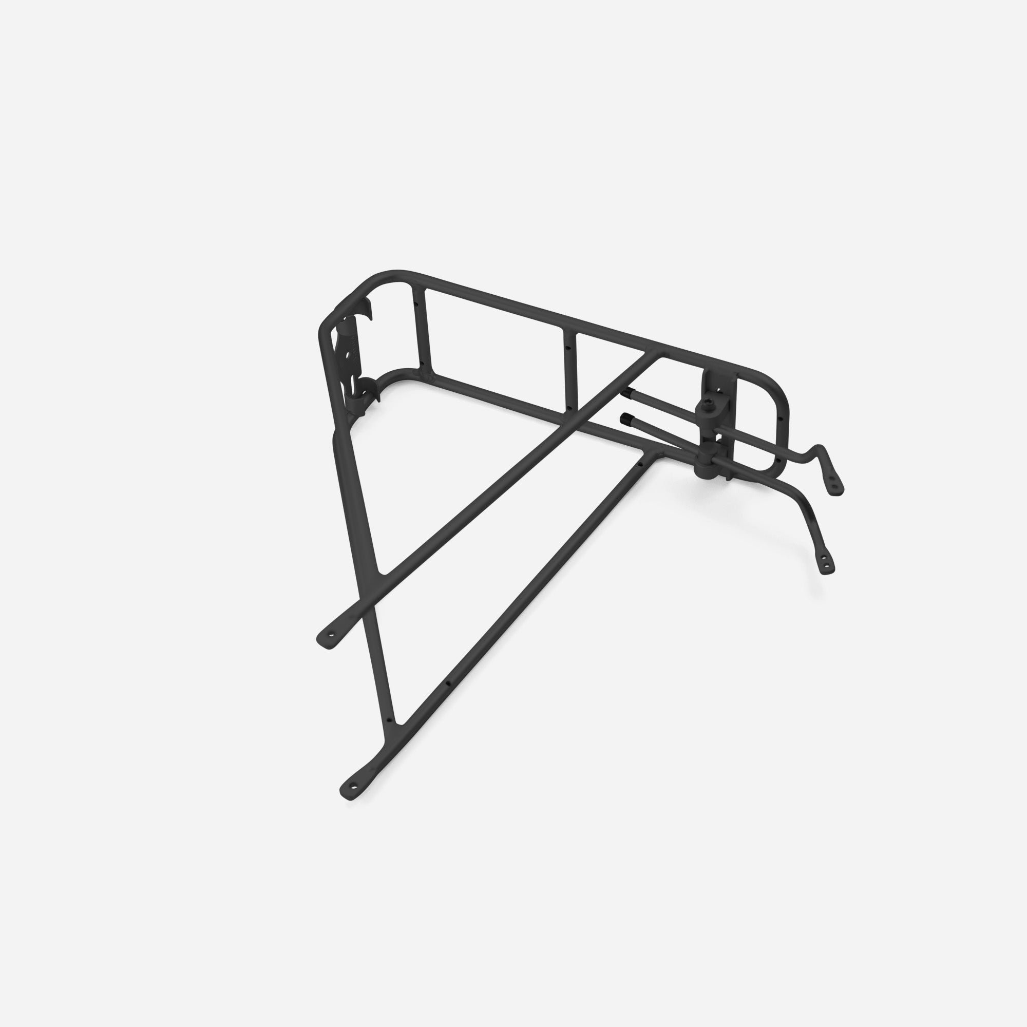 Black steel rear bike rack with side support rails and wide top platform designed for panniers, cargo, and touring setups on modern or classic bike frames.