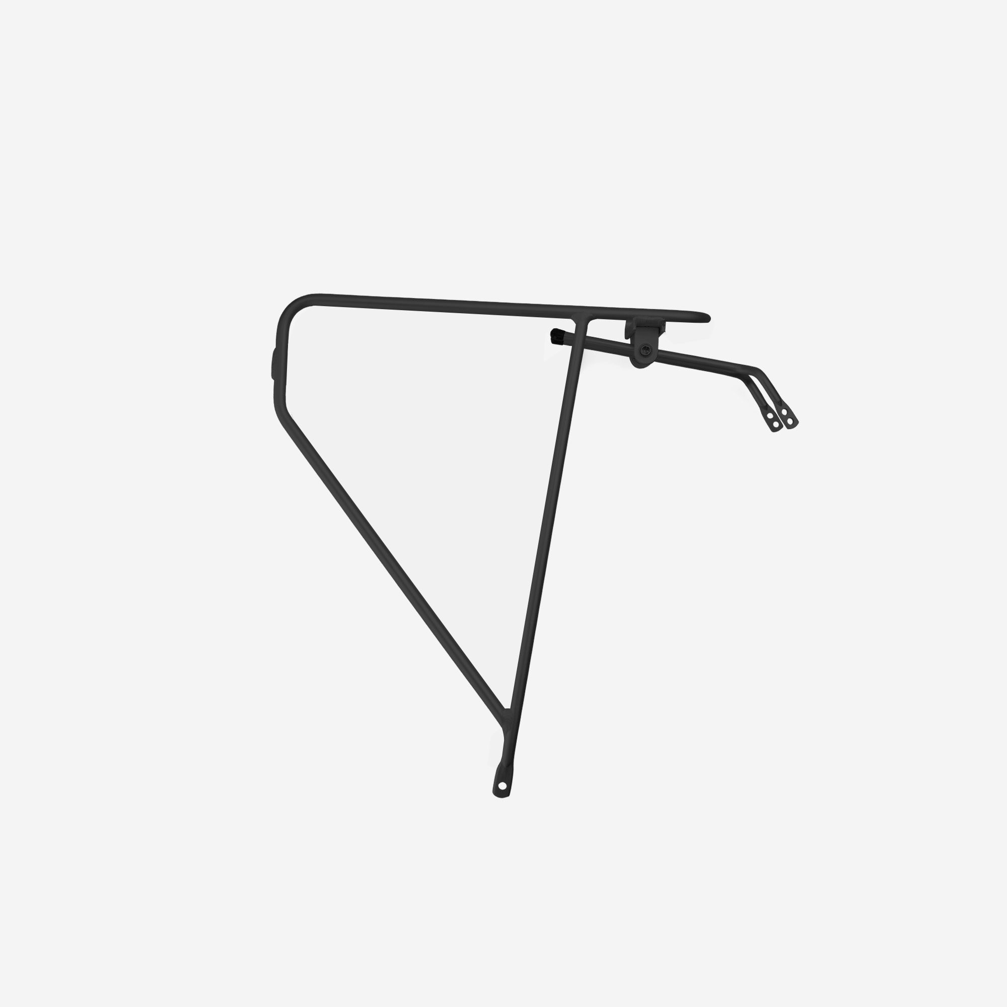 Black steel rear bike rack with lightweight tubing and pannier mounts with a white background in a studio setting.