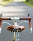 Brooks B17 leather saddle on a lightweight tourer bike in a rural setting.