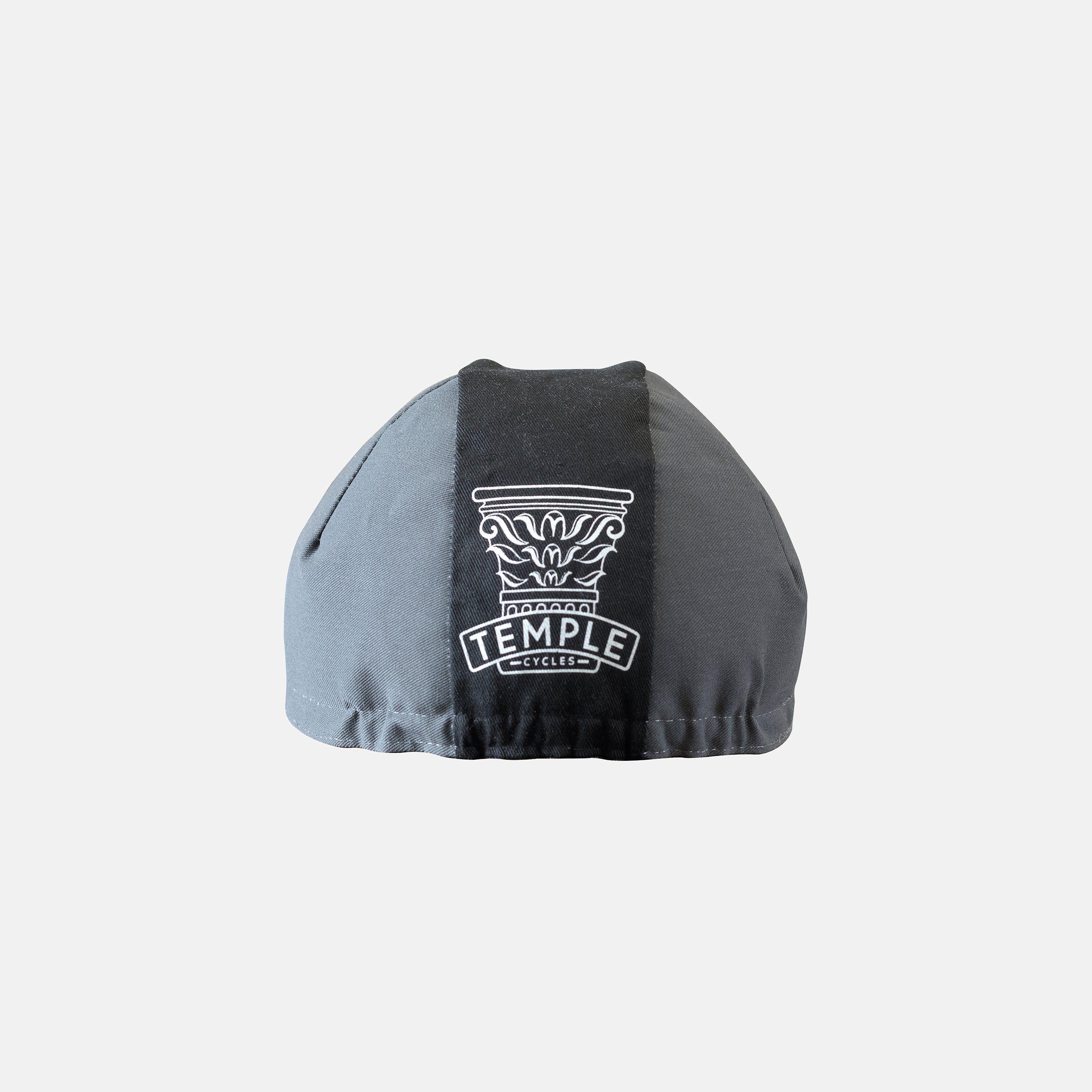 Men’s cycling cap with Temple Corinthian emblem, back view, studio setting.