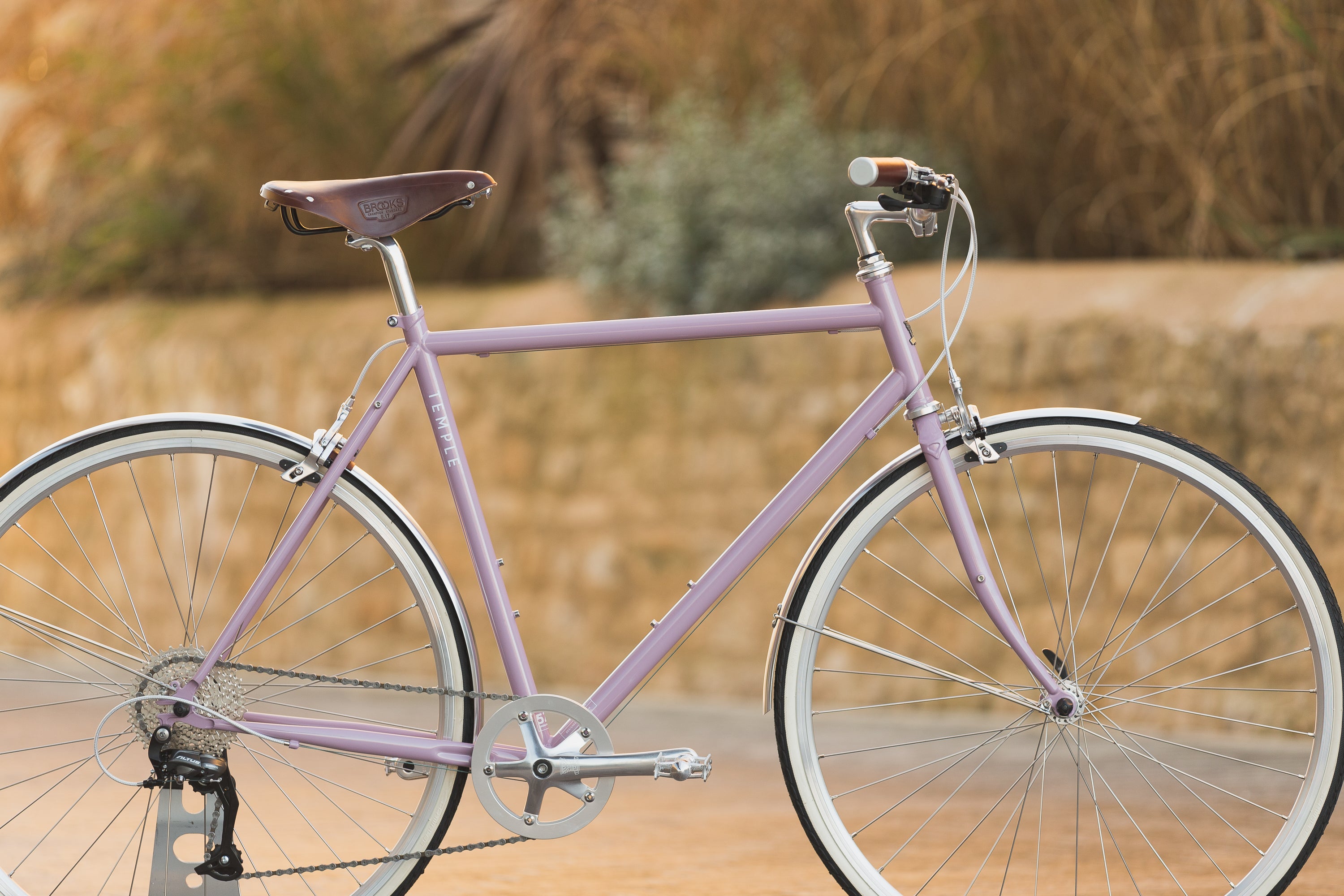 Classic all-rounder pink town bike, rural setting.