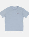 Front view of organic cotton graphic tee in light blue.