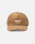 Front view of 6 panel men’s cap in beige, studio setting. 