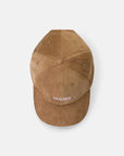 Birds Eye view of Temple unisex cap in brown corduroy, studio setting. 