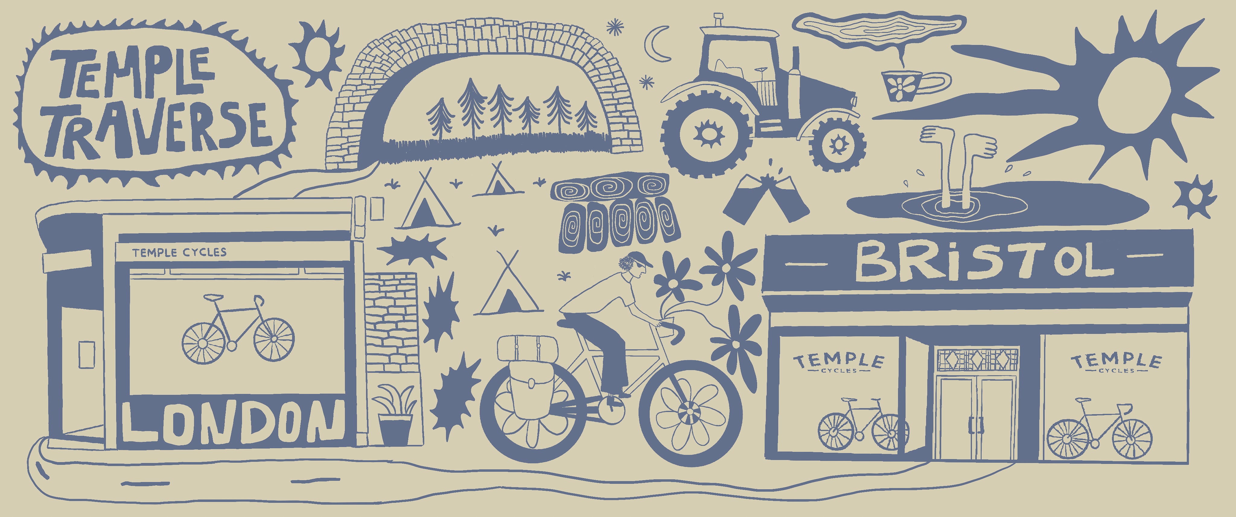 Illustrated scene with 'Temple Traverse' and 'Bristol' shops, bicycles, and various elements.