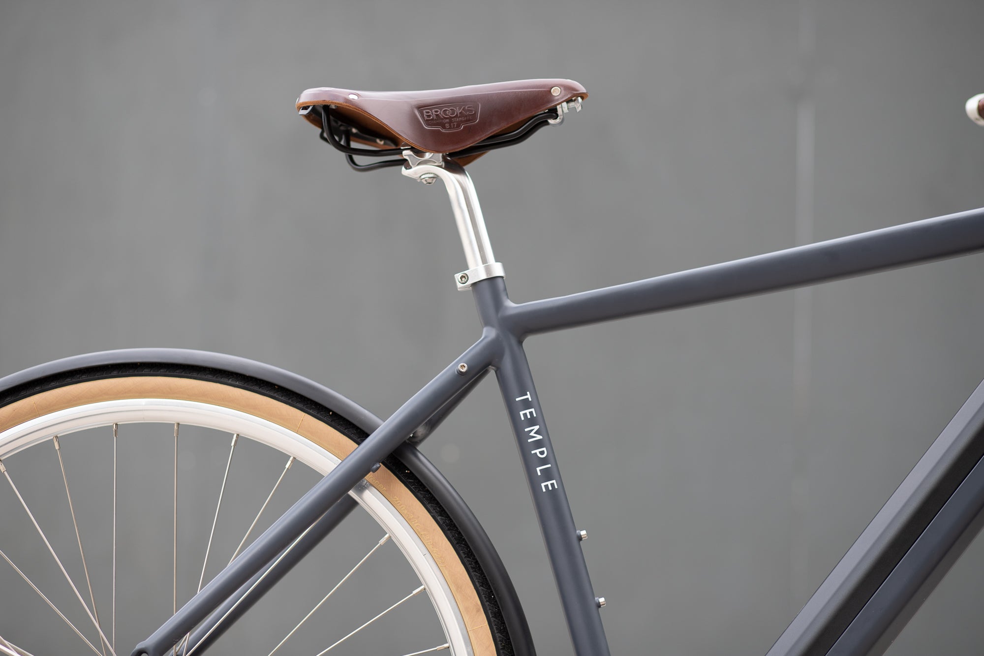 Brooks ultra-comfortable leather saddle on an adventure e-bike in black.