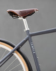 Ultra-comfortable leather Brooks saddle on a commuter’s E-bicycle.