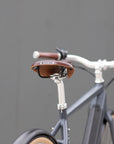 Rear view of Brooks leather saddle on an all-rounder city e-bike in black.