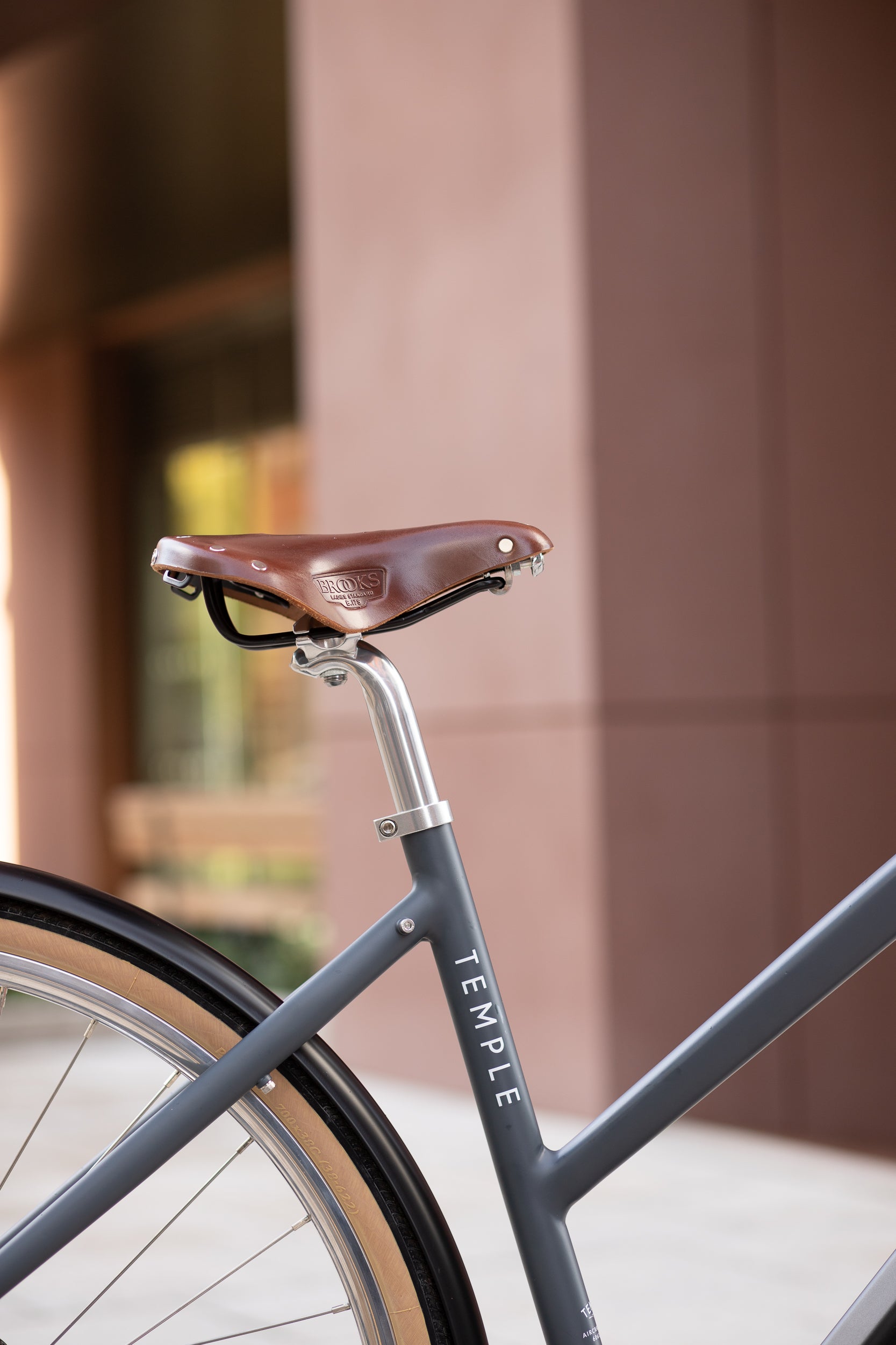 Brooks ultra-comfortable leather bicycle seat on a Step Through electric bike.