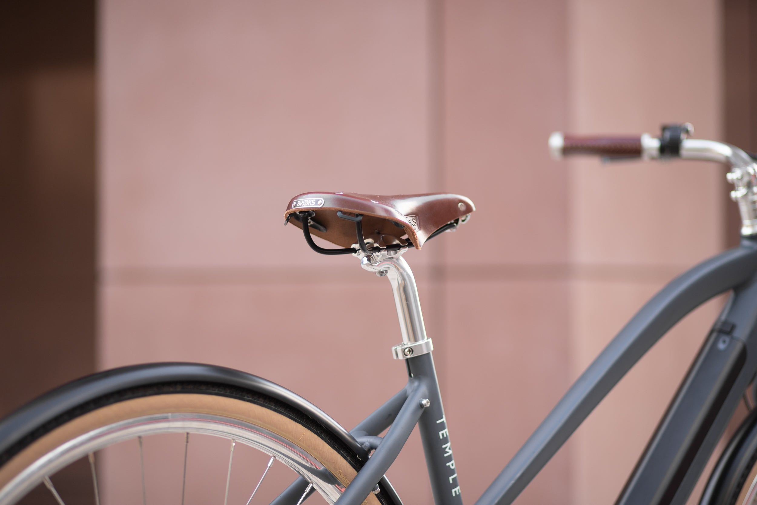 Brooks 17 leather saddle on an ultra-comfortable Step Through e-bike, urban setting.