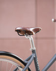 Brooks 17 leather saddle on an ultra-comfortable Step Through e-bike, urban setting.