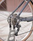 Rear wheel with a Shimano chain and Bafang chainset on a minimalist Step Through e-bike.