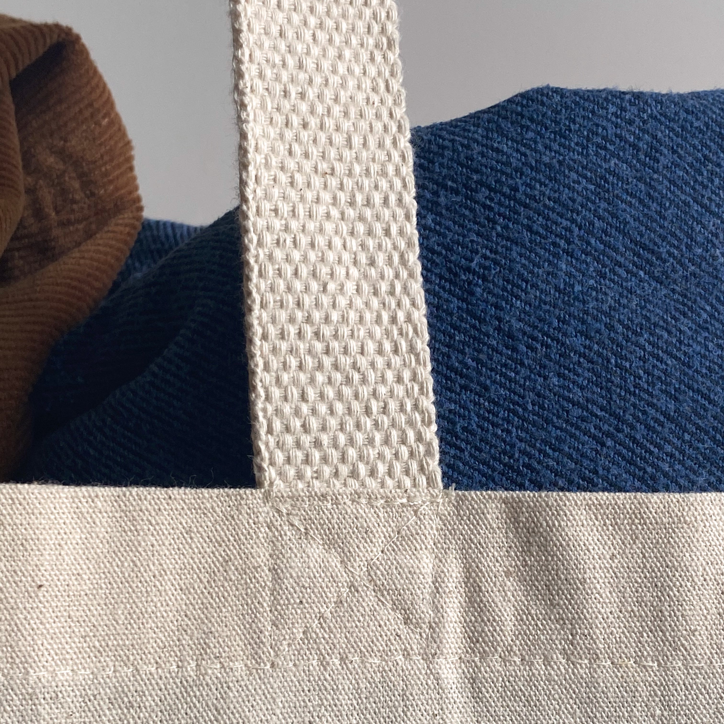 Shopper bag handles with reinforced stitching, studio setting.