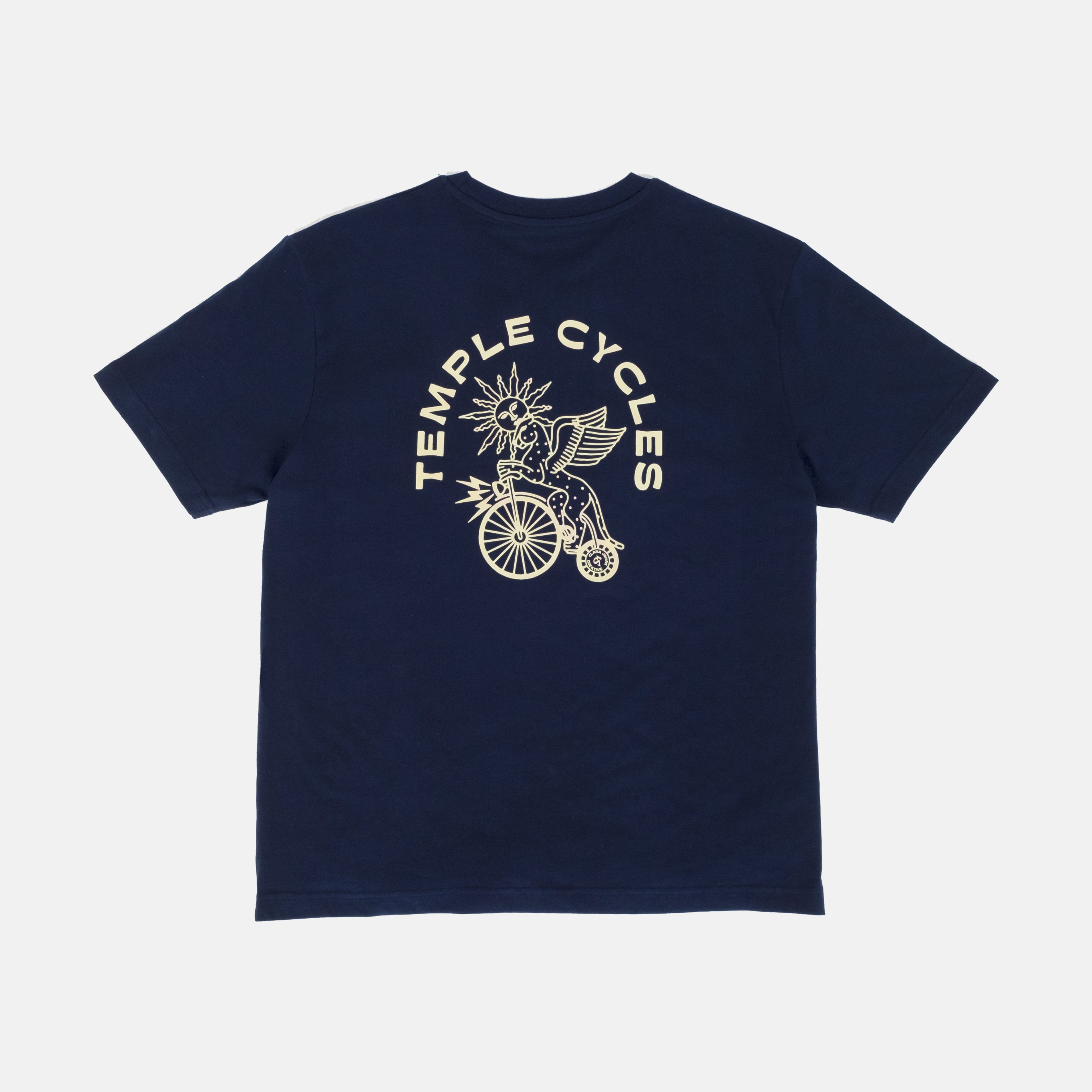 Good quality, graphic T Shirt in Navy, made with organic cotton, back view, studio setting.