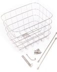 Pelago stainless steel bike basket with complete mounting hardware kit, includes struts, clamps, bolts, and fittings for secure front rack installation on most commuter and city bikes. 