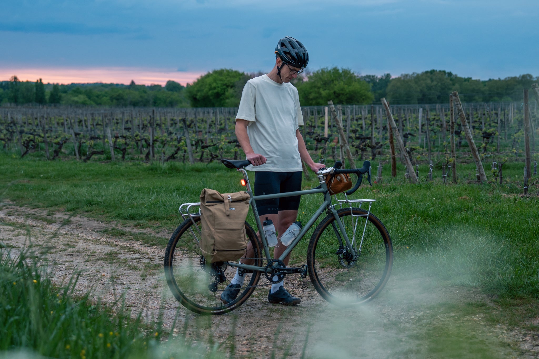 Person with a bicycle in a vineyard at dusk