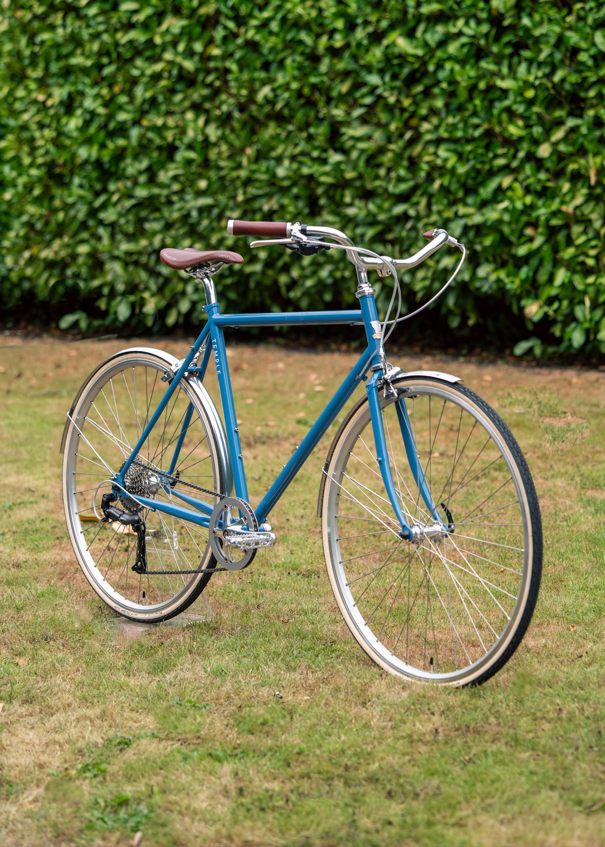 Blue bicycle on grass with green hedge in the background