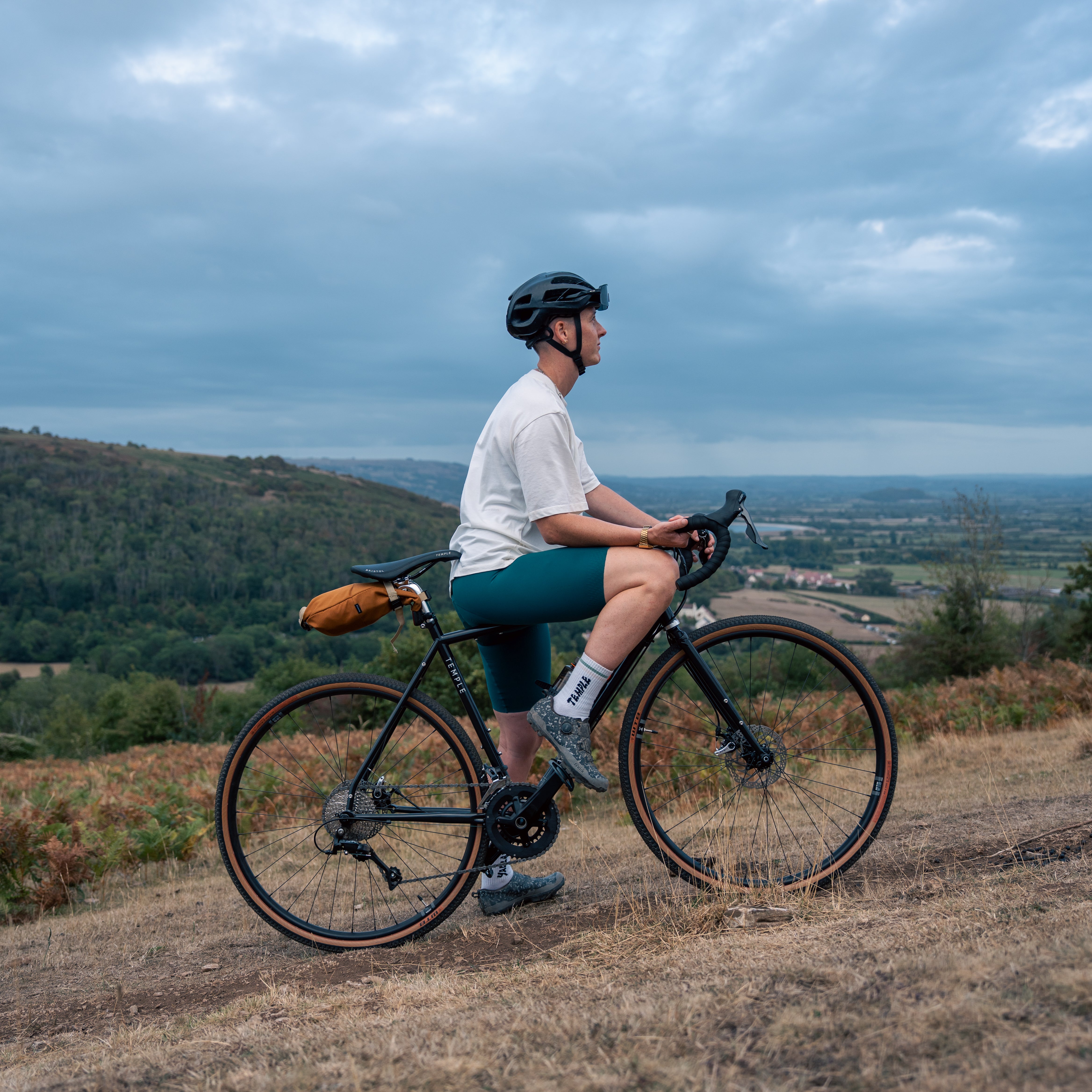 Person on a bicycle overlooking a scenic landscape with trees and fields.