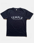 Fair Trade, men’s super soft Temple logo tee, front view, navy, studio setting.