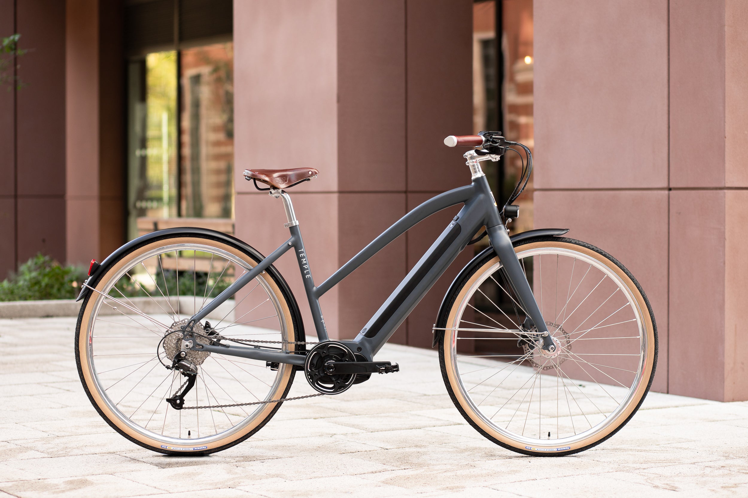 Adventure e-bike with classic minimalist design, urban setting.