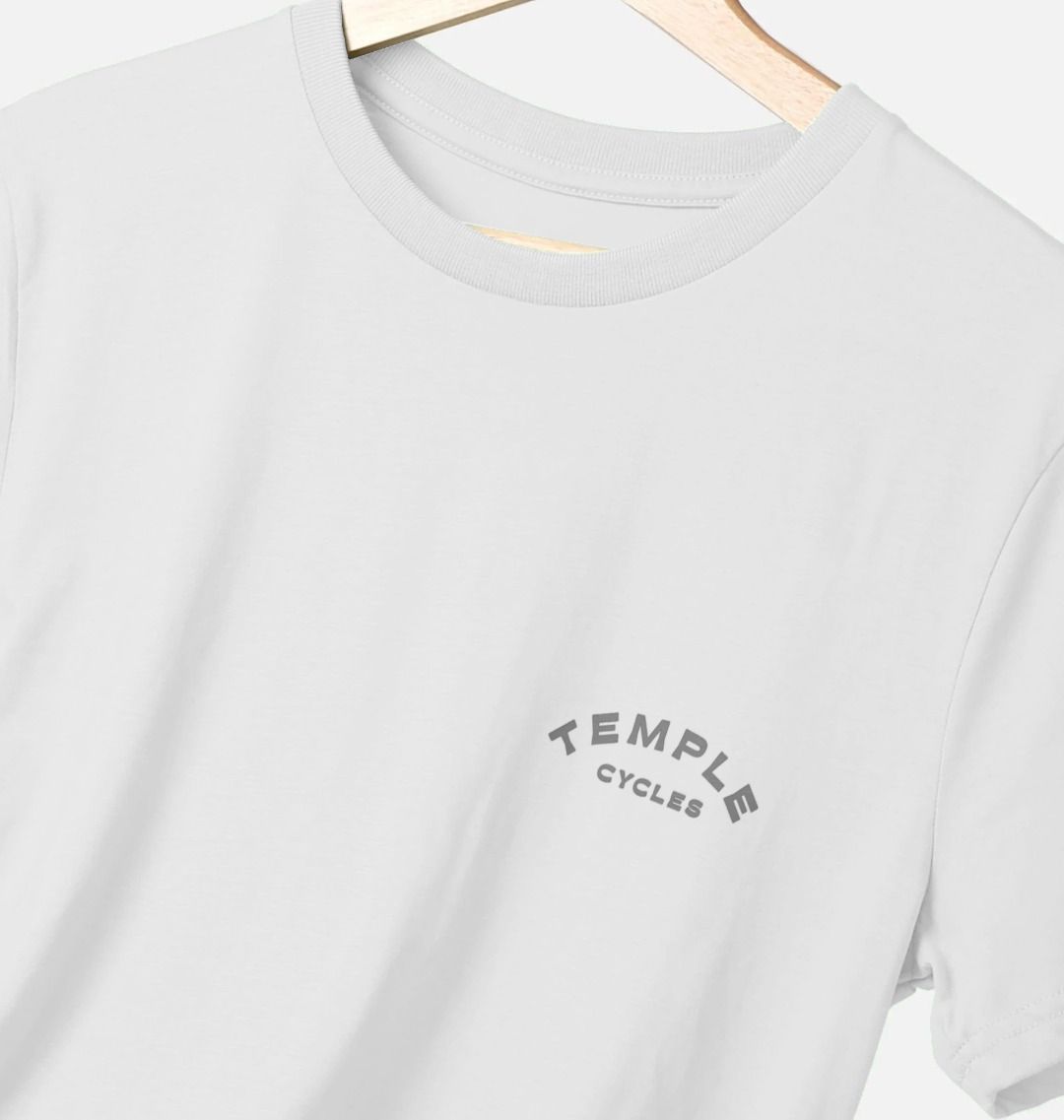 Temple Cycles X Clara Jonas sustainable graphic T Shirt in white, studio setting.