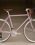 Pink steel tour  bike in an urban setting.