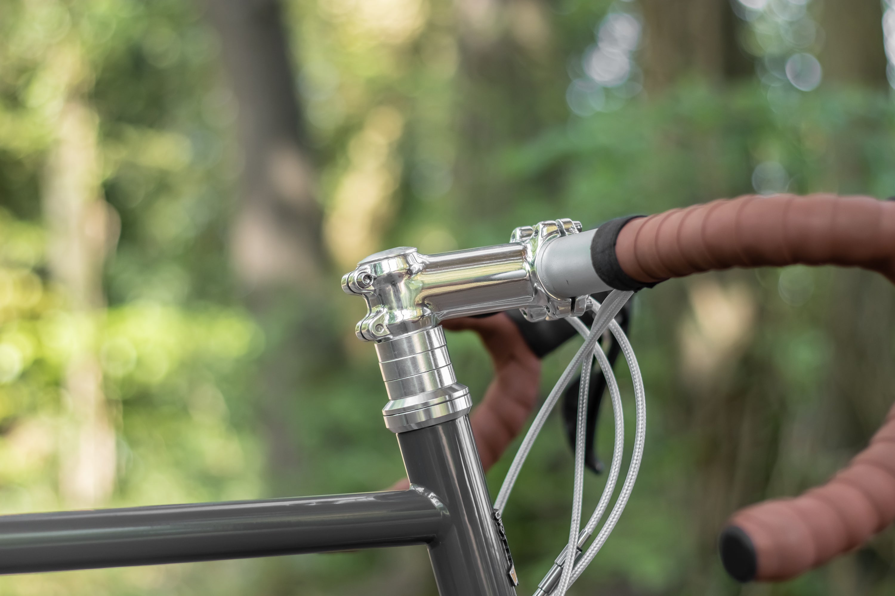 Silver braided brake cables and head tube on a steel adventure disc tour bike.