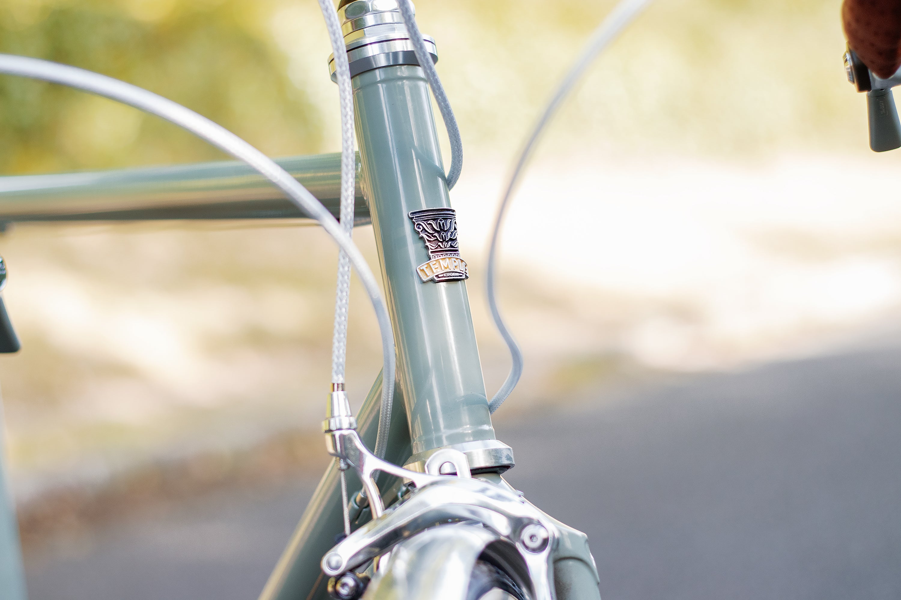 Temple head badge on green head tube of a lightweight touring bike.