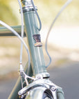 Temple head badge on green head tube of a lightweight touring bike.